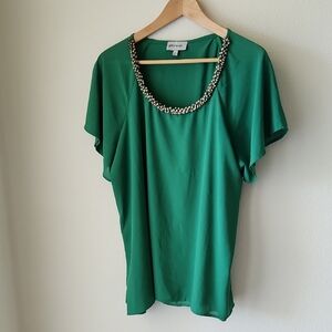 Glitterscope Emerald Green Beaded Blouse Short Flutter Sleeves Sz XL Office